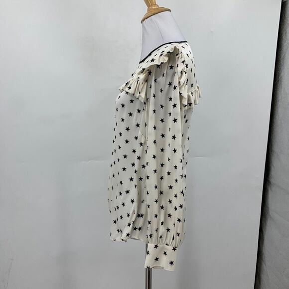 J Crew Blouse Womens 0 White Black Silk Blend Ruffle Star Print Keyhole Back Top - Picture 3 of 14